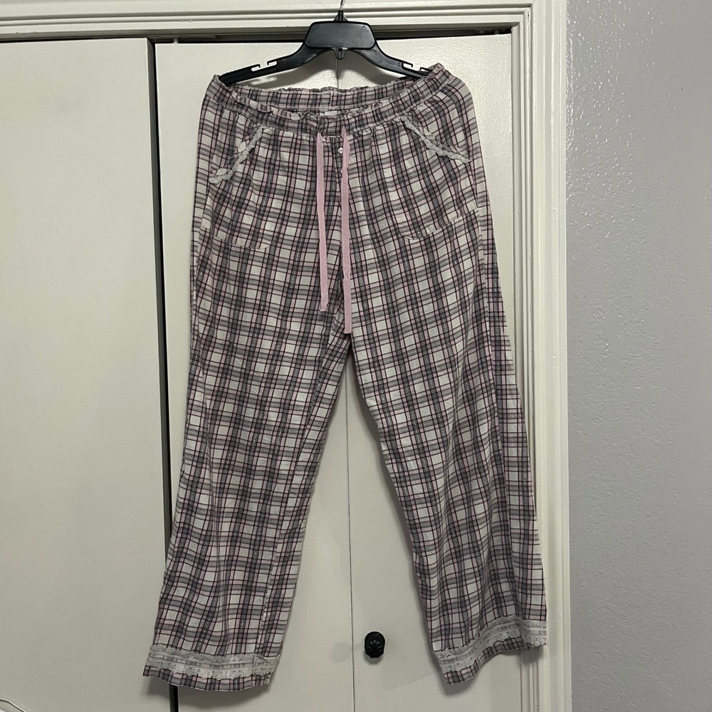 Victoria's Secret Plaid Pajama Pants Women's‎ M/M Pink White Grey Lace Trim